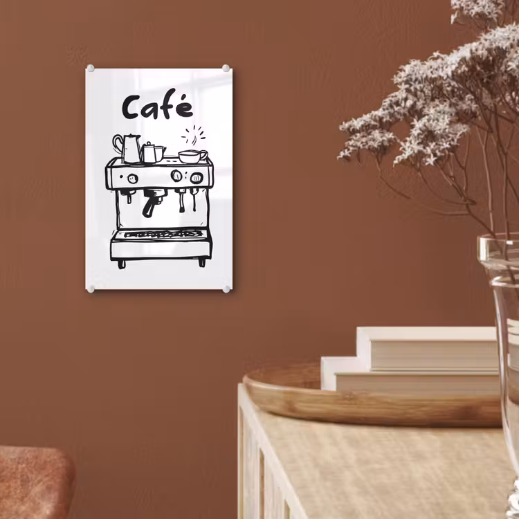 Glas schilderij - Illustratie - Café - Koffiemachine - Kopjes — 6