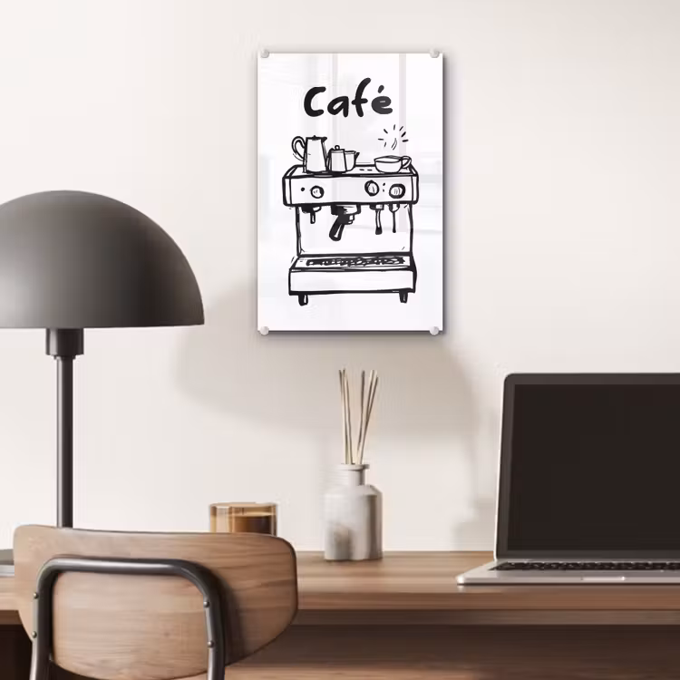 Glas schilderij - Illustratie - Café - Koffiemachine - Kopjes — 7