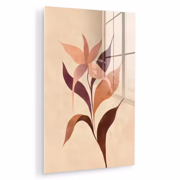 Glas schilderij - Minimalistisch - Bloem - Bladeren - Beige — 1