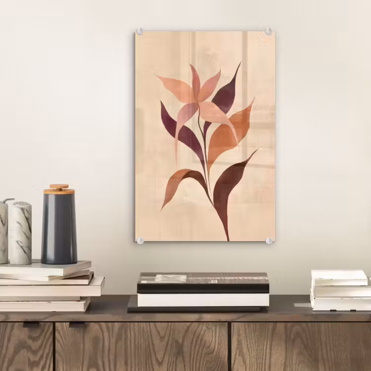 Glas schilderij - Minimalistisch - Bloem - Bladeren - Beige — 2