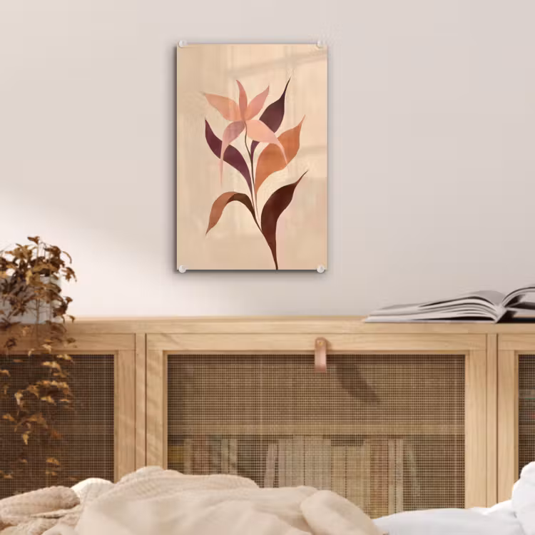 Glas schilderij - Minimalistisch - Bloem - Bladeren - Beige — 5