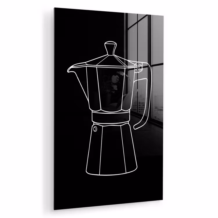 Glas schilderij - Mokkapot - Zwart - Wit - Lijntekening — 1