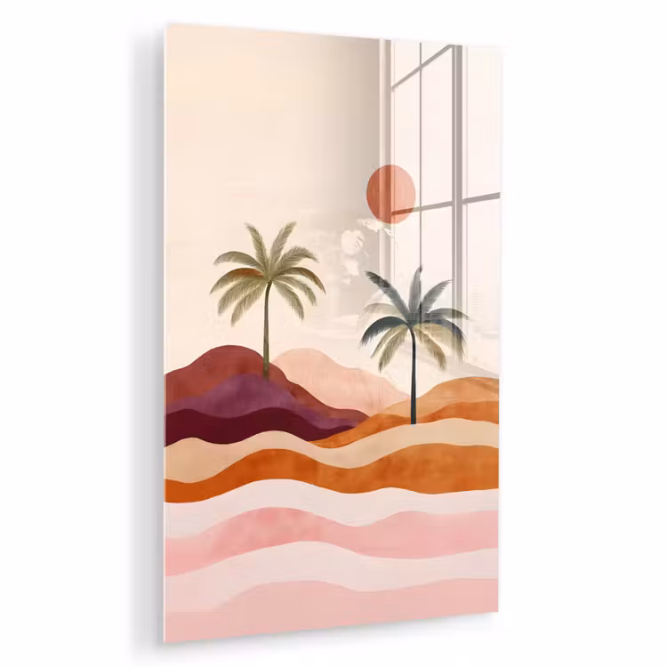 Glas schilderij - Palmbomen - Abstract - Zon - Heuvels — 1