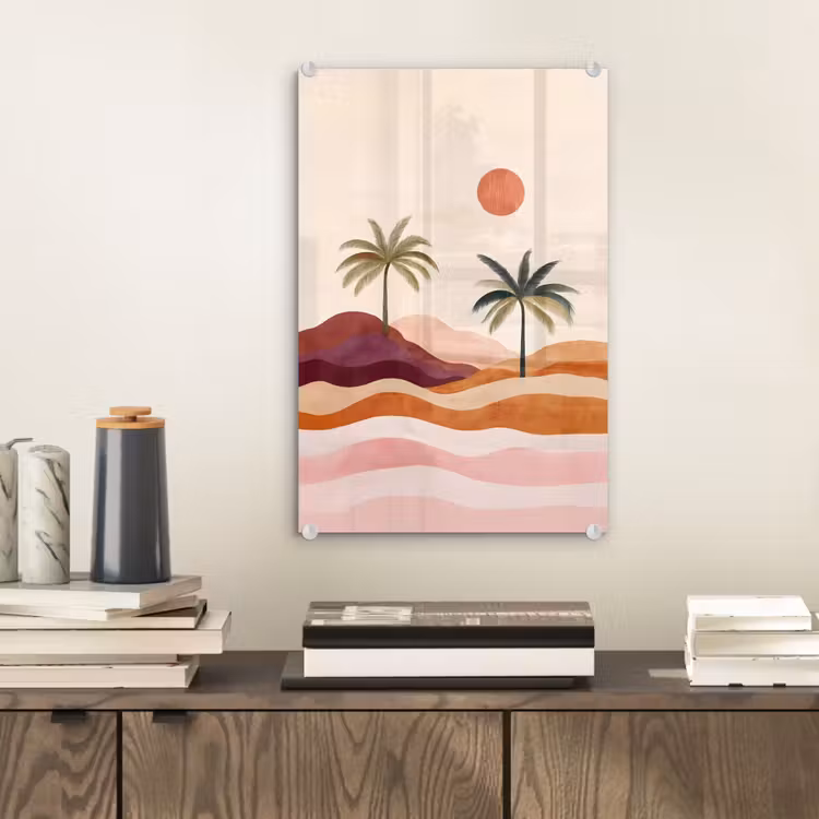Glas schilderij - Palmbomen - Abstract - Zon - Heuvels — 2