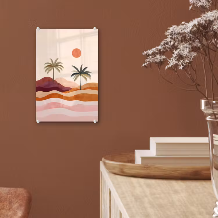 Glas schilderij - Palmbomen - Abstract - Zon - Heuvels — 6