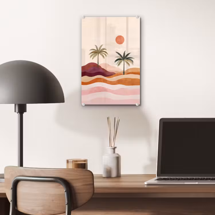 Glas schilderij - Palmbomen - Abstract - Zon - Heuvels — 7