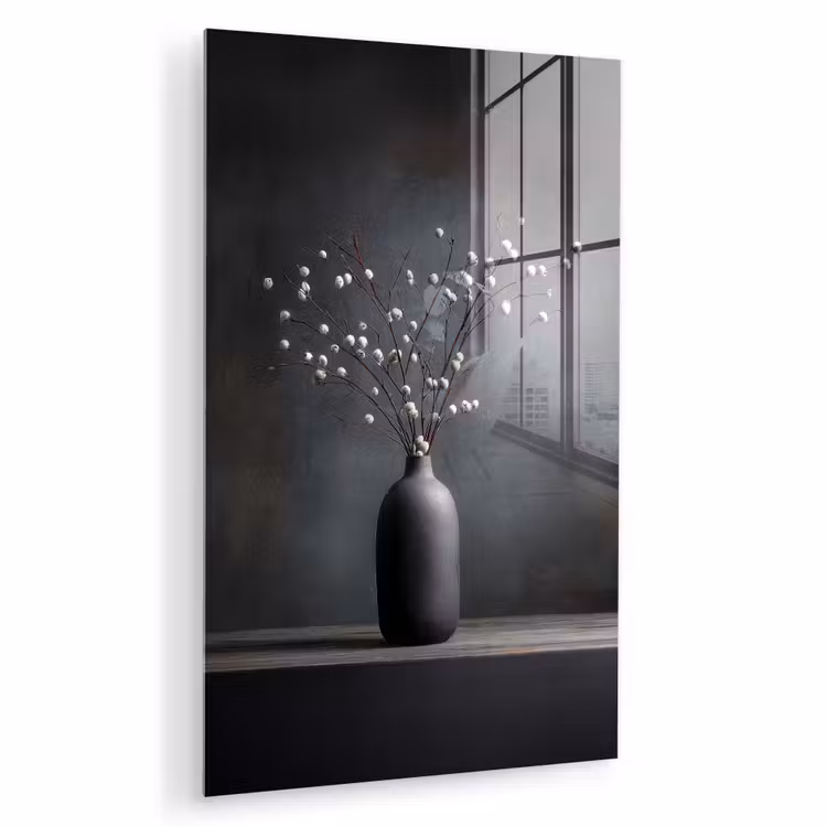 Glas schilderij - Takken - Vaas - Bolletjes - Wit — 1
