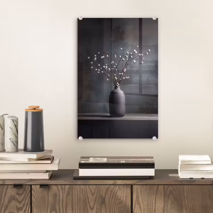 Glas schilderij - Takken - Vaas - Bolletjes - Wit — 2