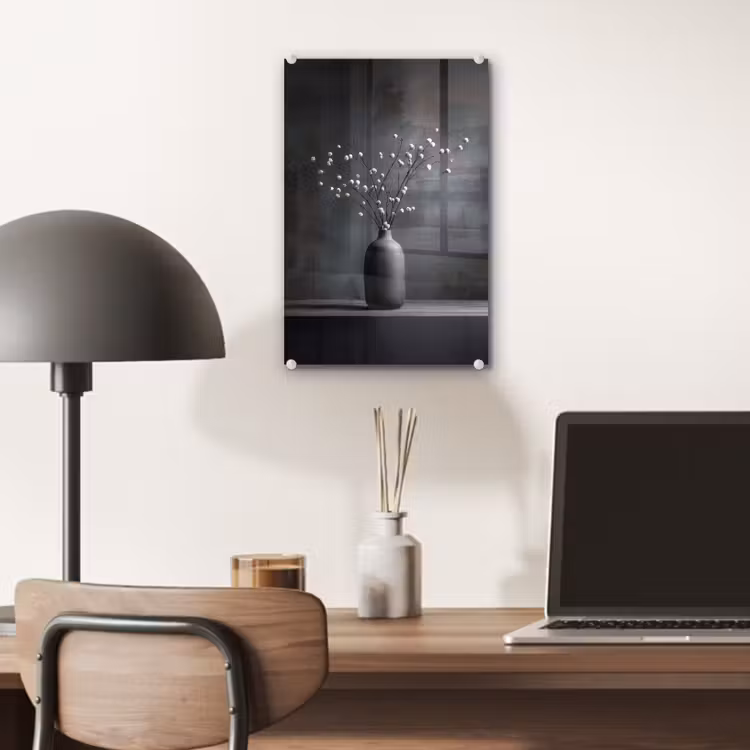 Glas schilderij - Takken - Vaas - Bolletjes - Wit — 7