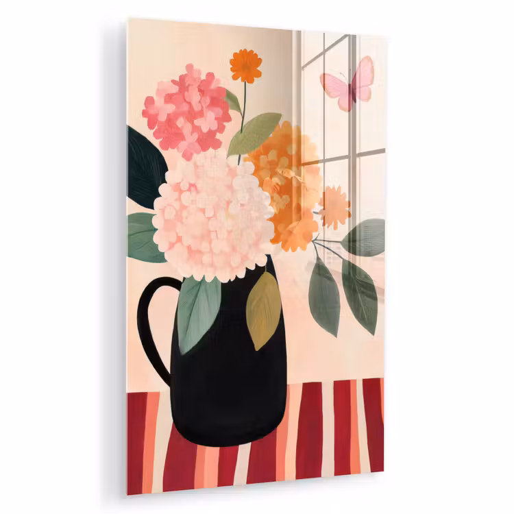 Glas schilderij - Vaas - Bloemen - Vlinder - Rood — 1