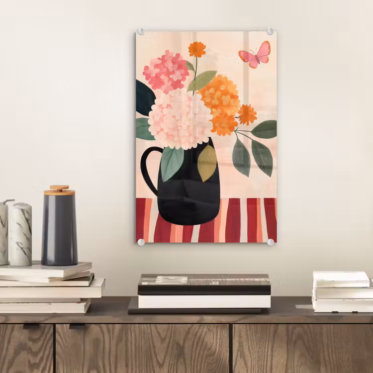 Glas schilderij - Vaas - Bloemen - Vlinder - Rood — 2