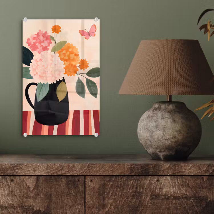 Glas schilderij - Vaas - Bloemen - Vlinder - Rood — 4