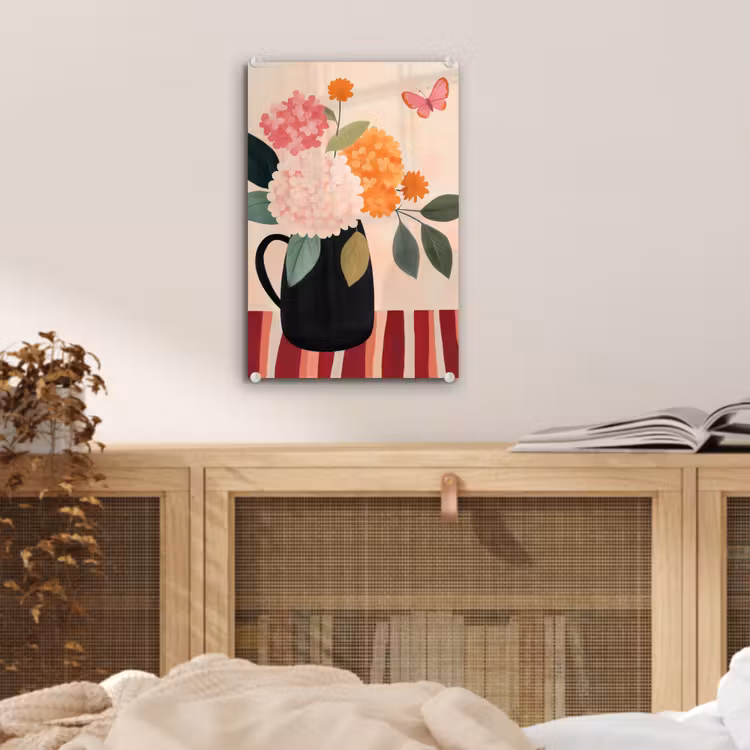 Glas schilderij - Vaas - Bloemen - Vlinder - Rood — 5