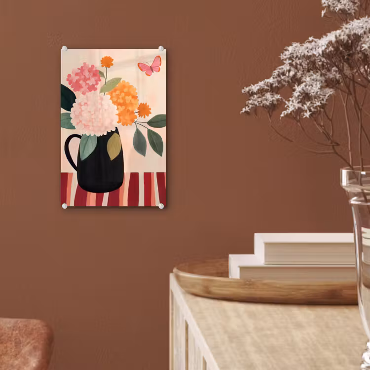Glas schilderij - Vaas - Bloemen - Vlinder - Rood — 6