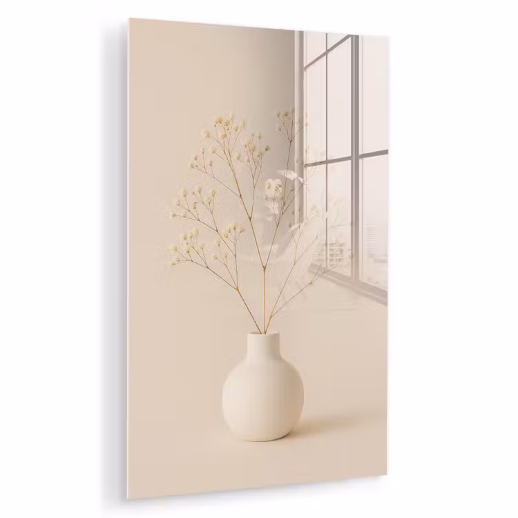 Glas schilderij - Vaas - Takken - Bloemetjes - Wit — 1