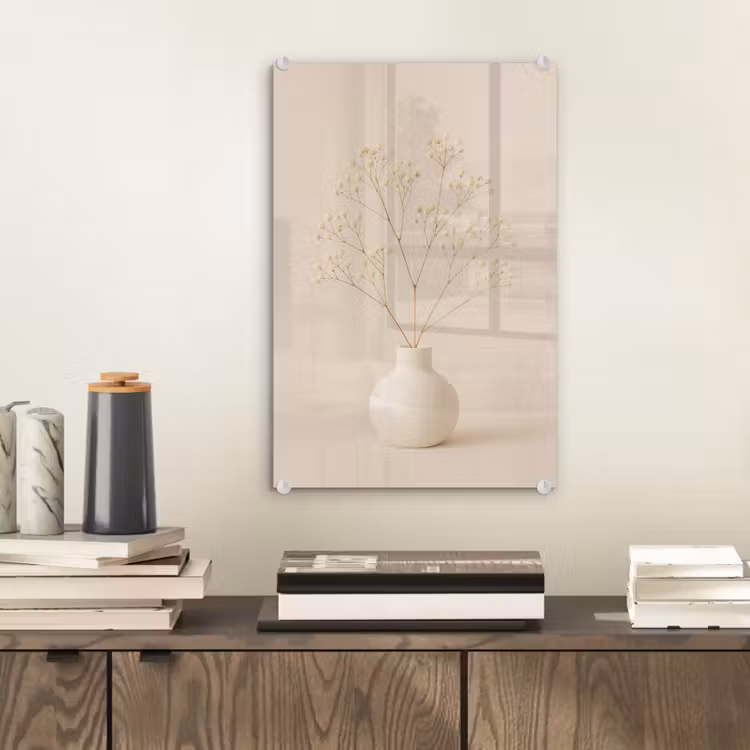 Glas schilderij - Vaas - Takken - Bloemetjes - Wit — 2