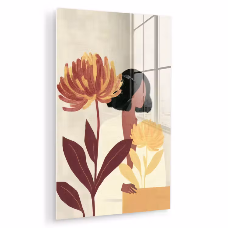 Glas schilderij - Vrouw - Minimalistisch - Bloem — 1