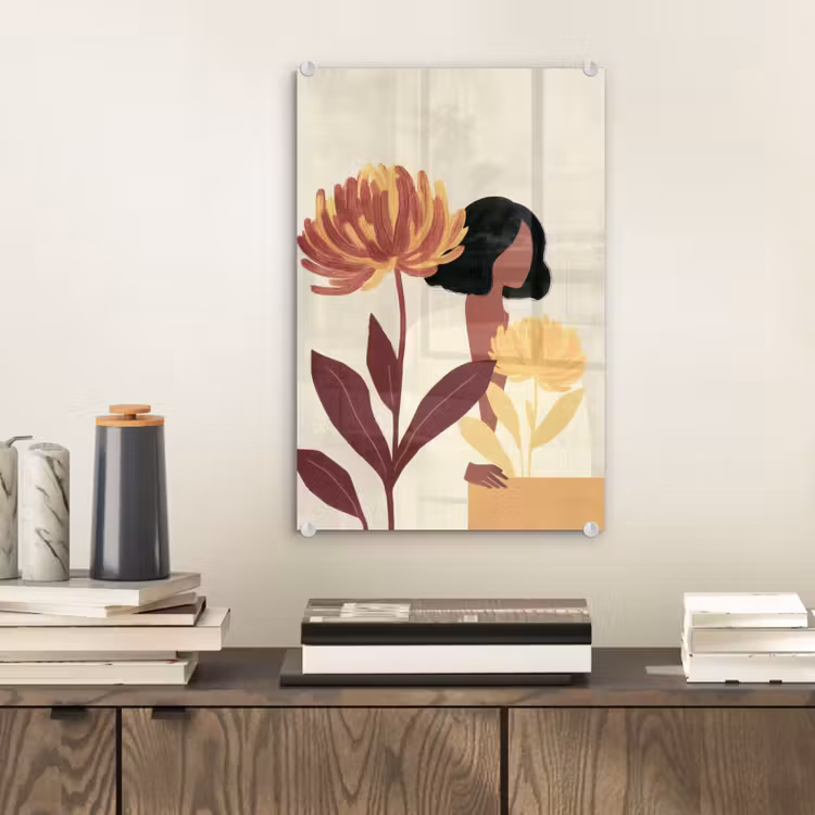 Glas schilderij - Vrouw - Minimalistisch - Bloem — 2