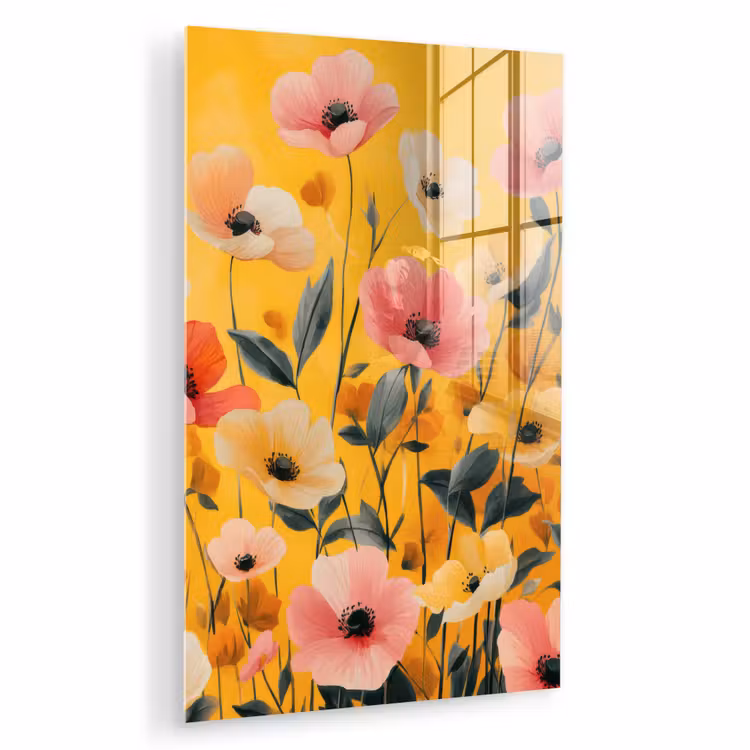 Glas schilderij - Bloemen - Veld - Geel — 1