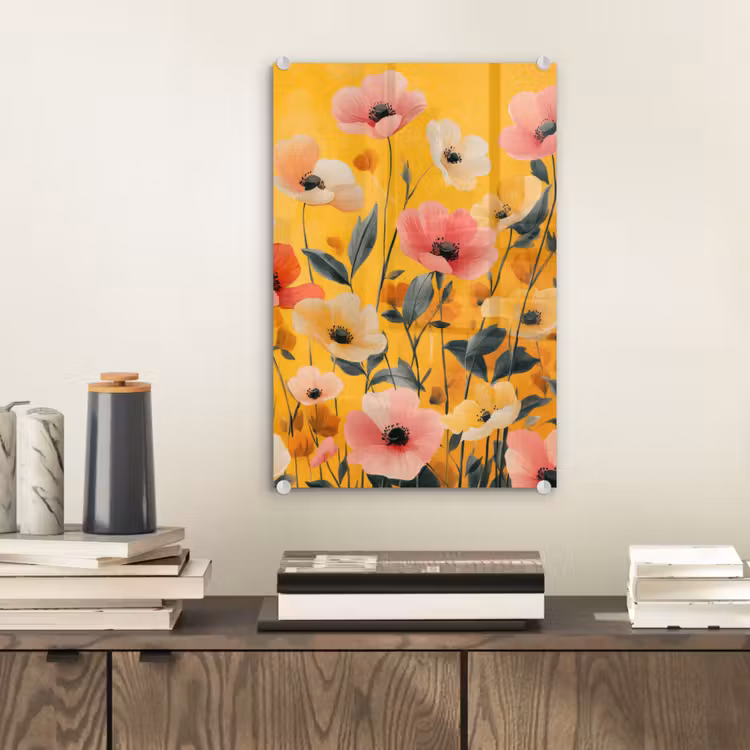 Glas schilderij - Bloemen - Veld - Geel — 2