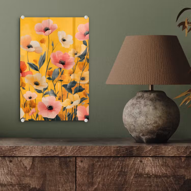 Glas schilderij - Bloemen - Veld - Geel — 4