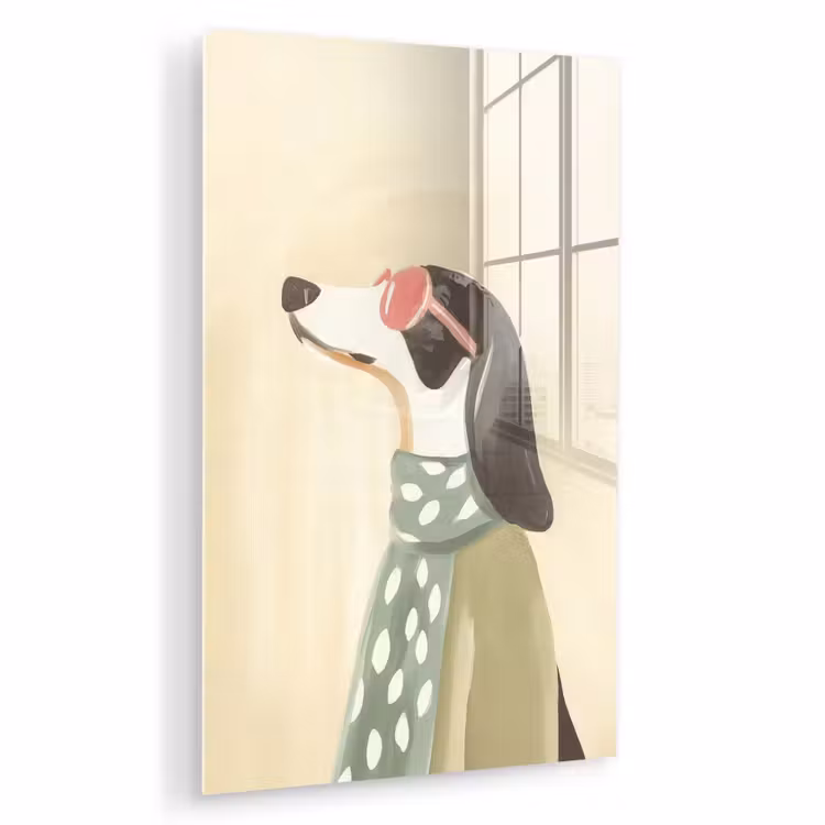 Glas schilderij - Hond - Zonnebril - Sjaal — 1
