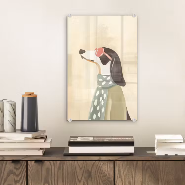Glas schilderij - Hond - Zonnebril - Sjaal — 2
