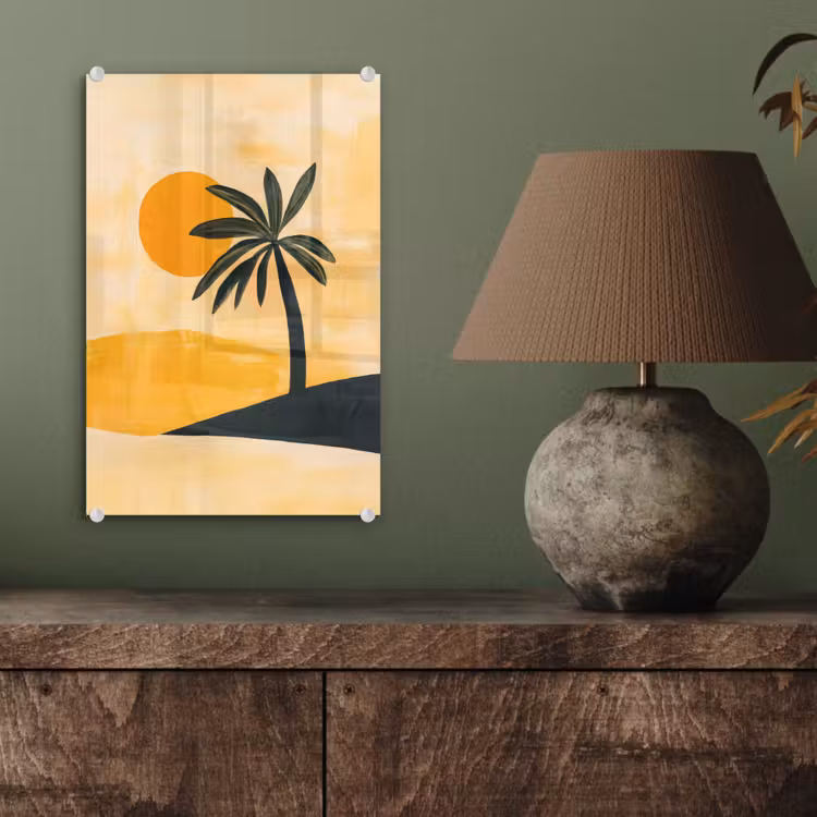 Glas schilderij - Illustratie - Palmboom - Zon - Heuvels — 4