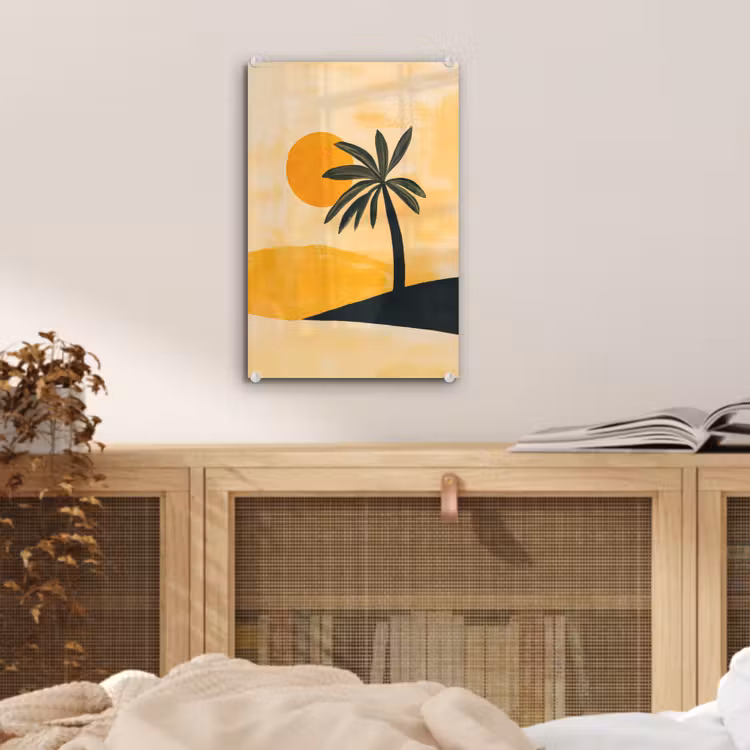 Glas schilderij - Illustratie - Palmboom - Zon - Heuvels — 5