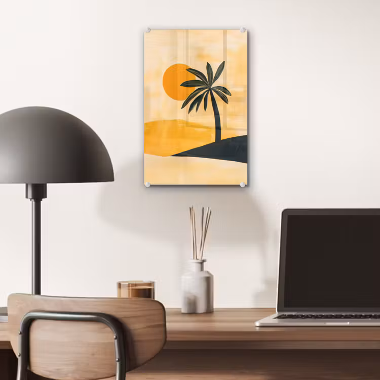Glas schilderij - Illustratie - Palmboom - Zon - Heuvels — 7