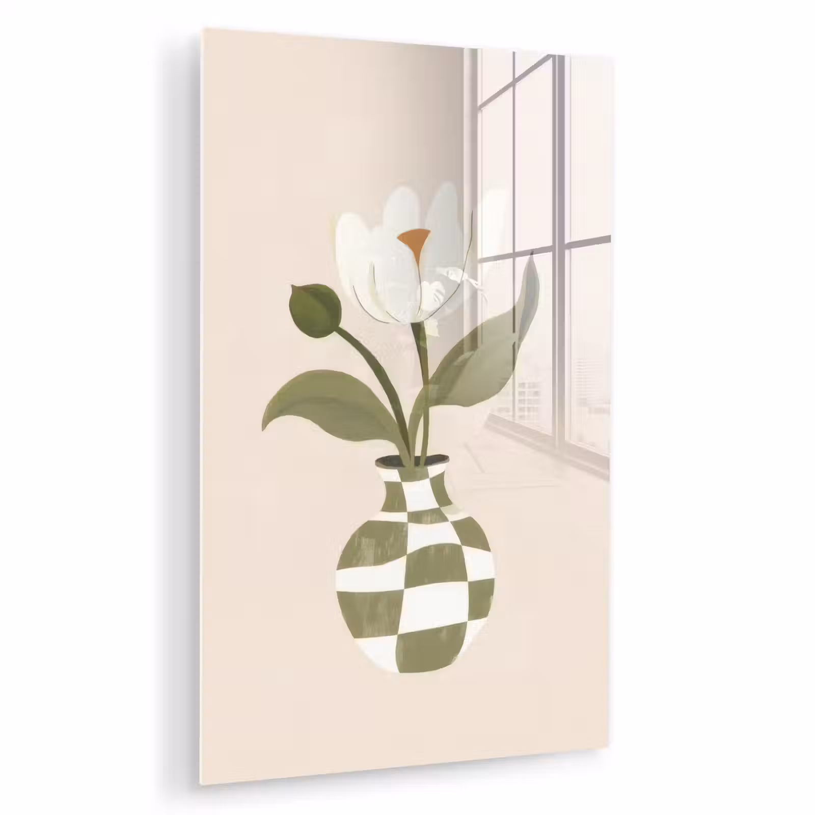 Glas schilderij - Vaas - Geruit - Bloem - Groen — 1