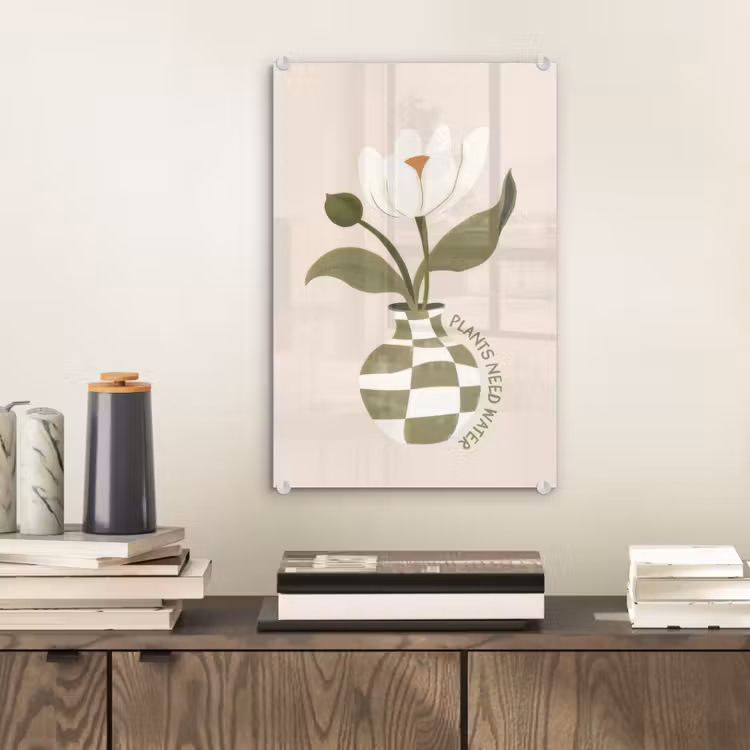Glas schilderij - Bloem - Wit - Vaas - Quote — 2