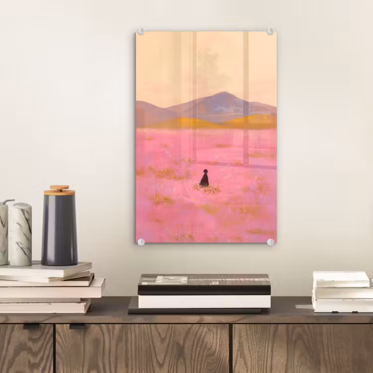 Glas schilderij - Bloemenweide - Heuvels - Silhouet - Roze — 2