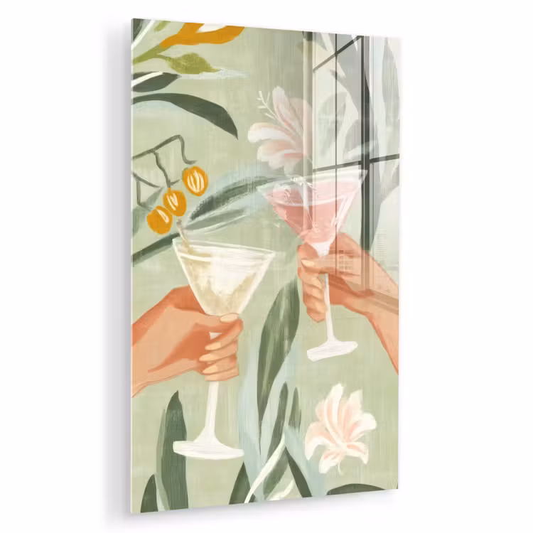 Glas schilderij - Glazen - Proosten - Bladeren - Groen — 1