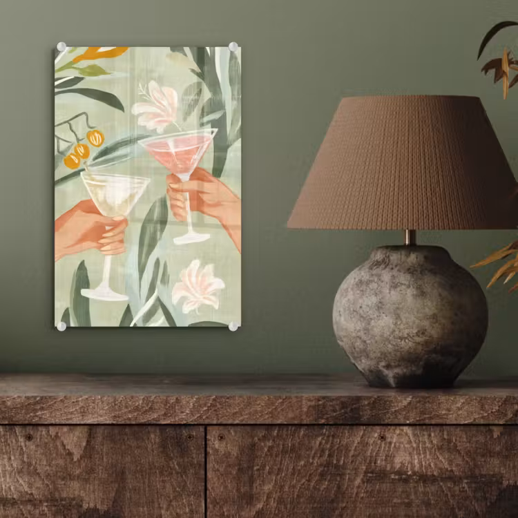 Glas schilderij - Glazen - Proosten - Bladeren - Groen — 4
