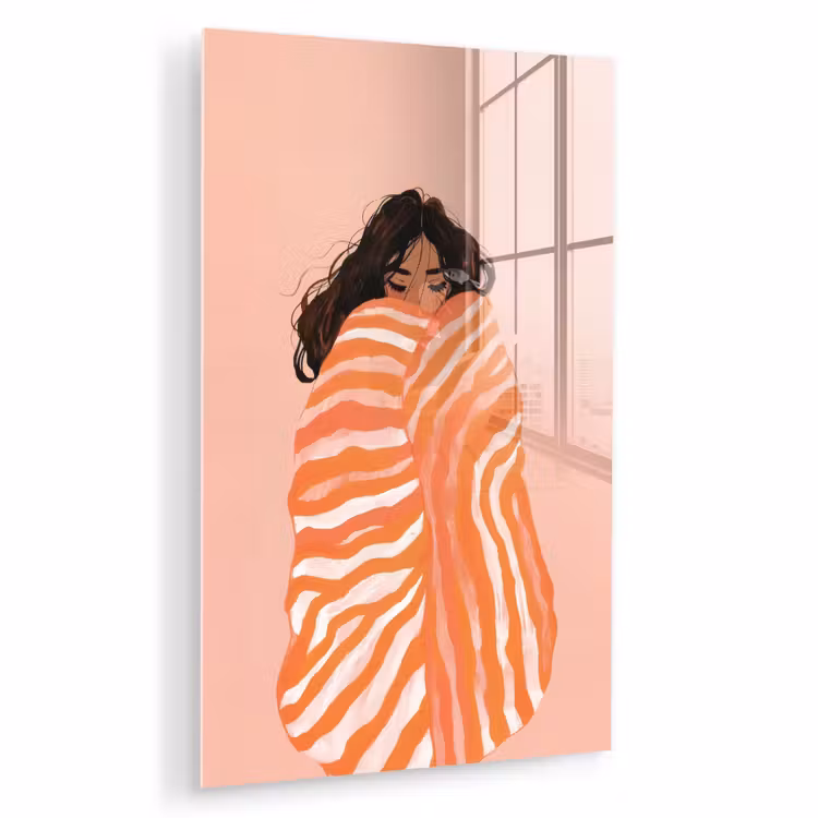 Glas schilderij - Meisje - Deken - Gestreept - Oranje — 1