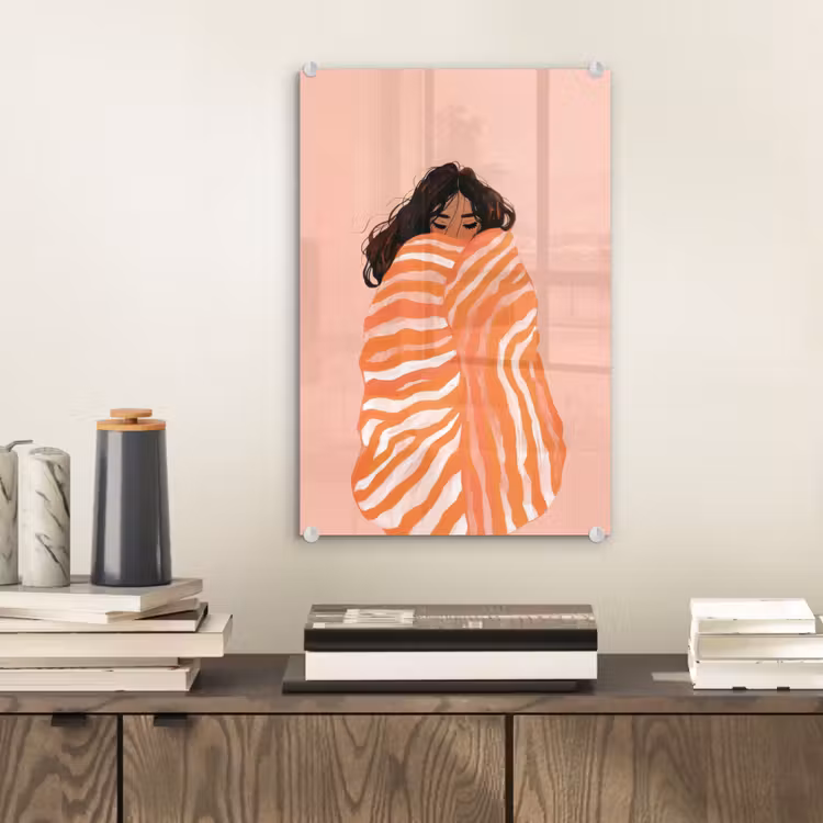 Glas schilderij - Meisje - Deken - Gestreept - Oranje — 2