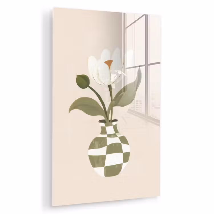 Glas schilderij - Vaas - Geruit - Bloem - Groen — 1