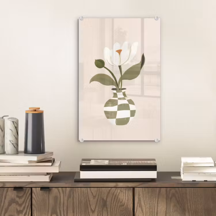 Glas schilderij - Vaas - Geruit - Bloem - Groen — 2