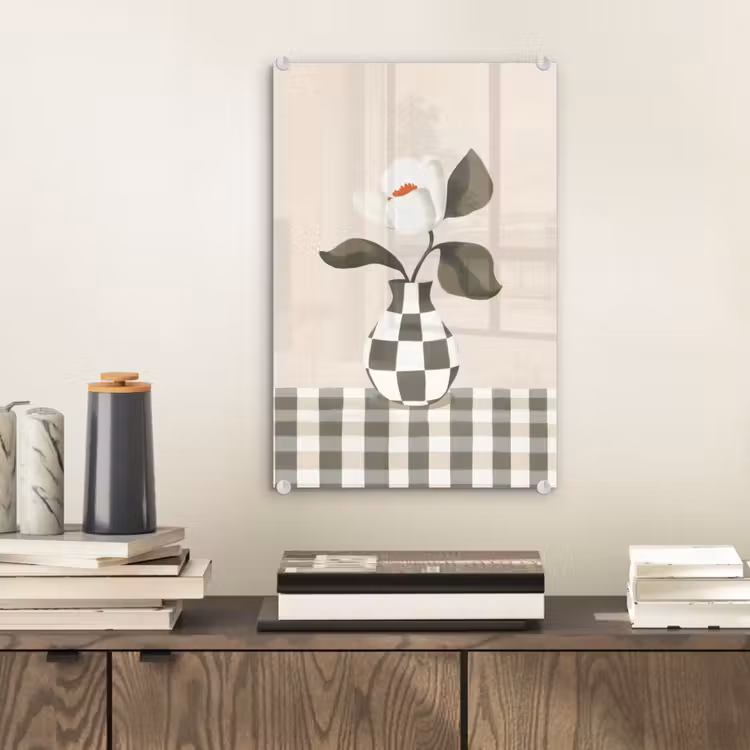 Glas schilderij - Vaas - Geruit - Groen - Bloem — 2