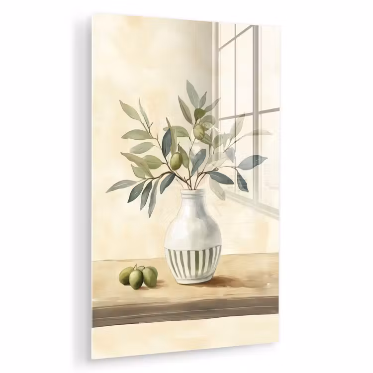 Glas schilderij - Vaas - Keramiek - Olijftakken — 1