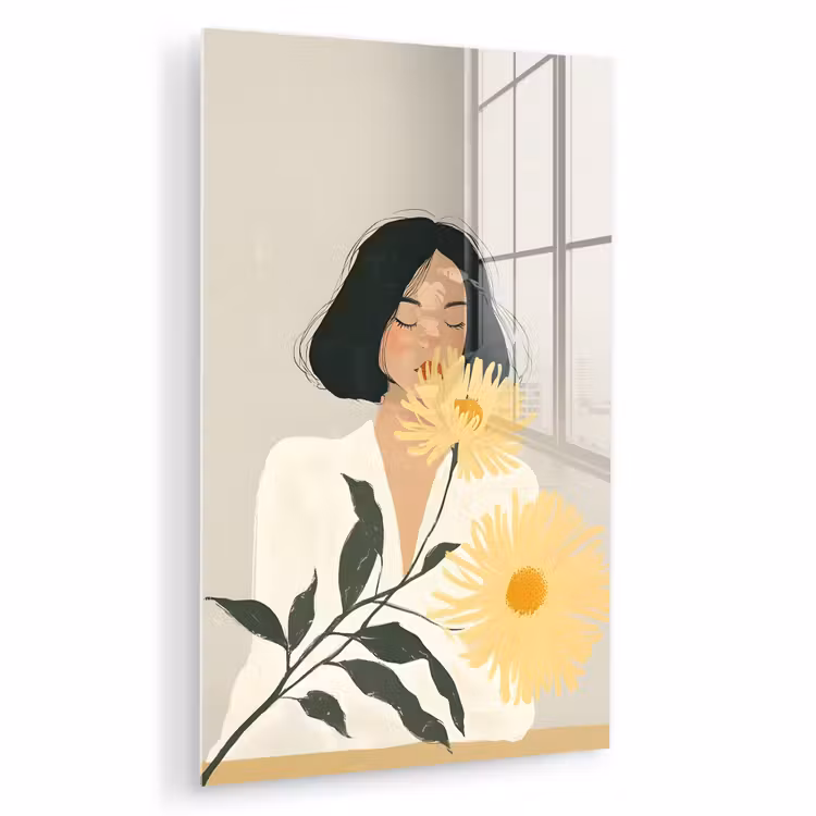 Glas schilderij - Vrouw - Bloem - Geel - Minimalistisch — 1