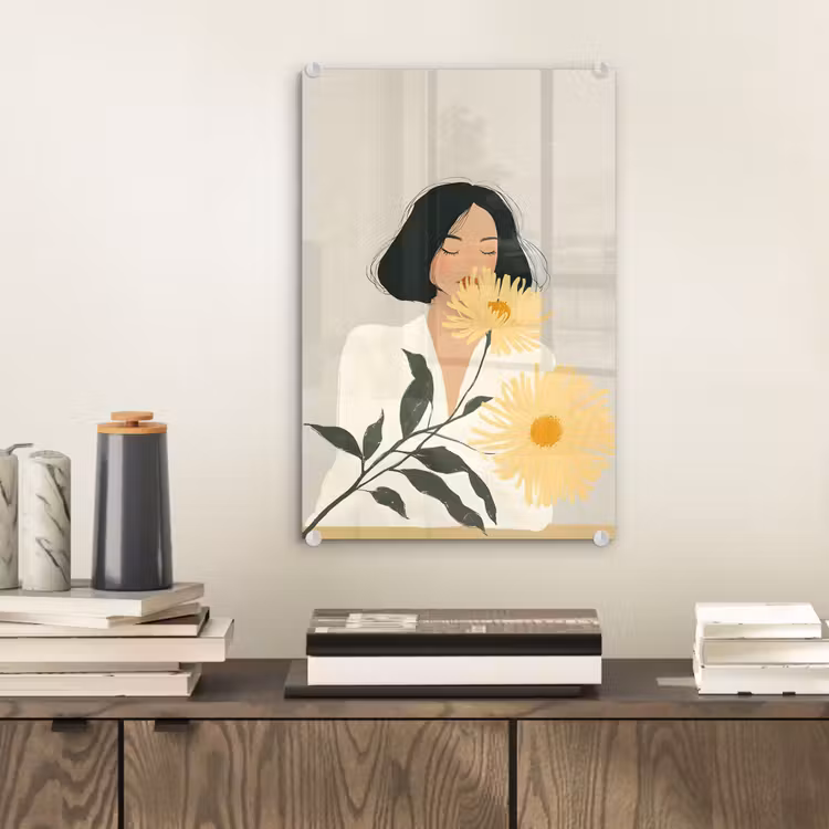 Glas schilderij - Vrouw - Bloem - Geel - Minimalistisch — 2