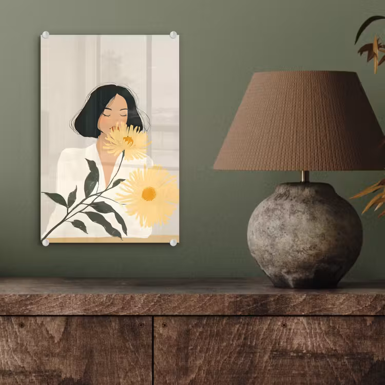 Glas schilderij - Vrouw - Bloem - Geel - Minimalistisch — 4