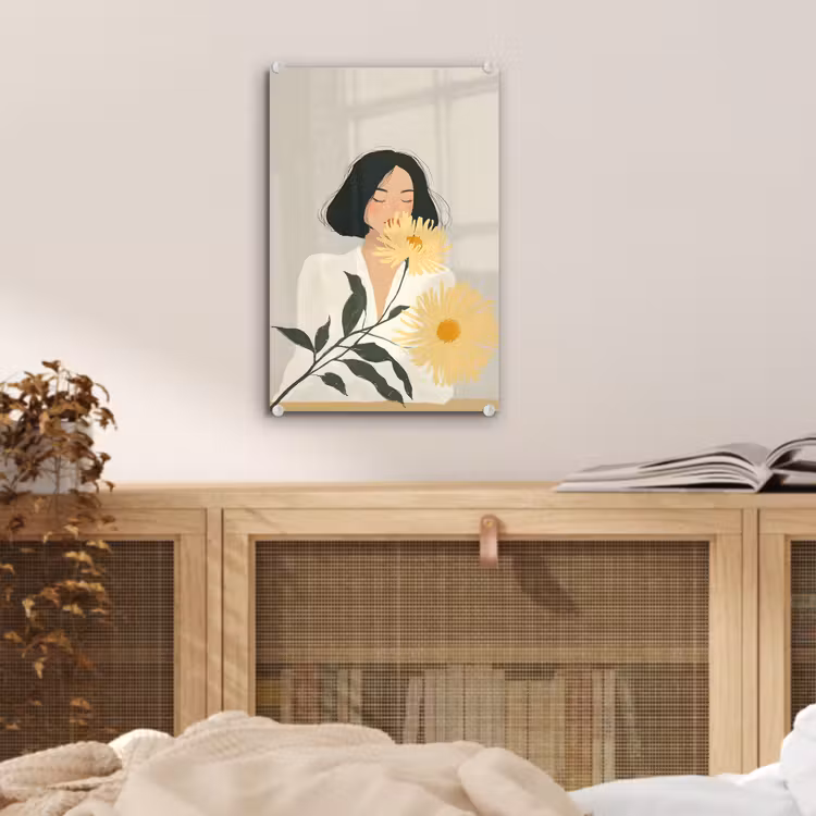Glas schilderij - Vrouw - Bloem - Geel - Minimalistisch — 5