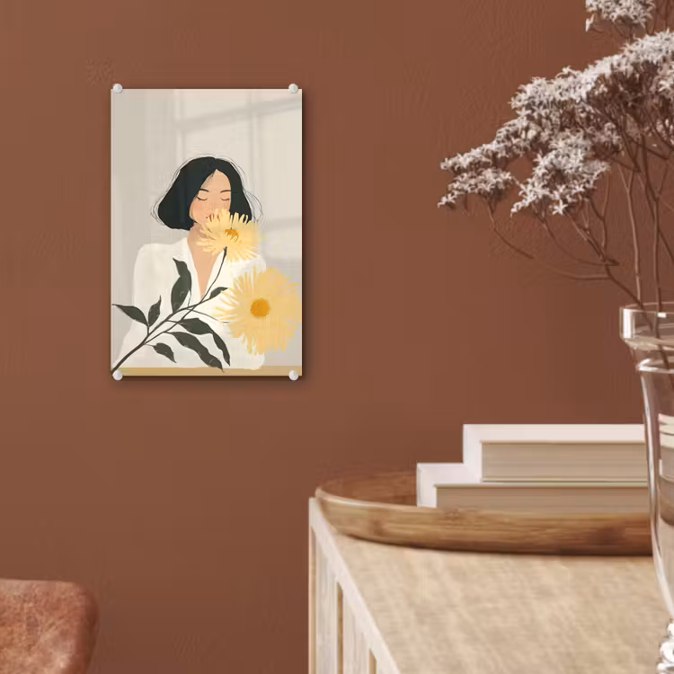 Glas schilderij - Vrouw - Bloem - Geel - Minimalistisch — 6