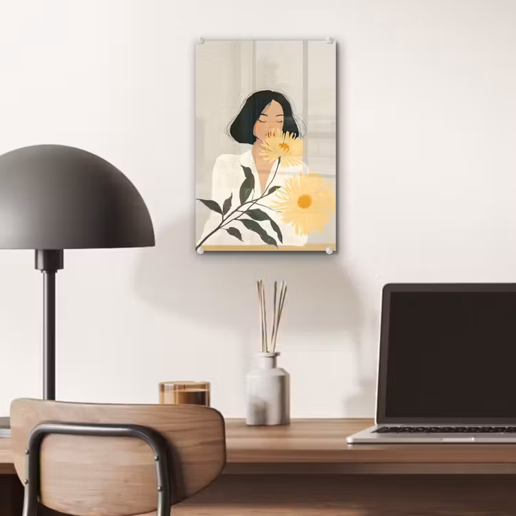 Glas schilderij - Vrouw - Bloem - Geel - Minimalistisch — 7