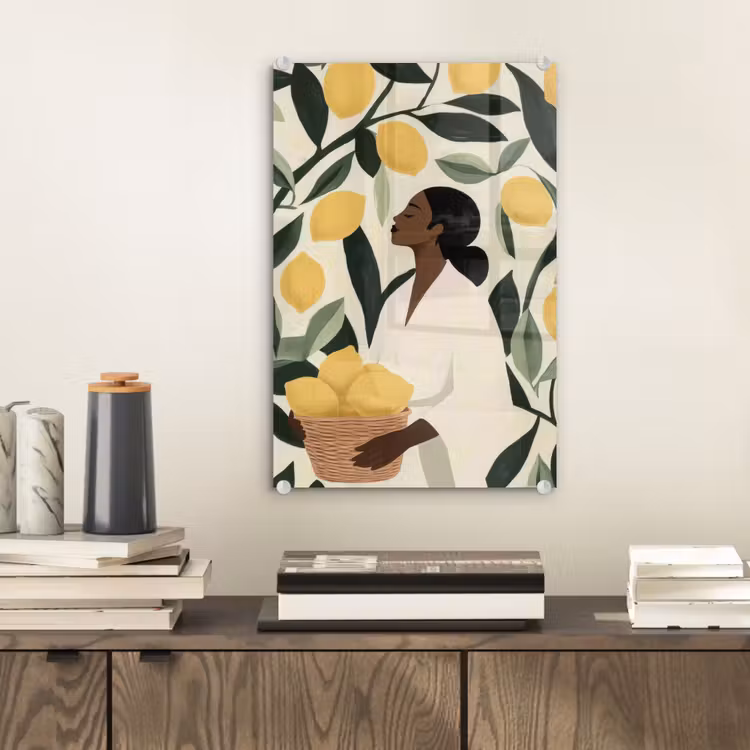 Glas schilderij - Vrouw - Mand - Citroenen - Bladeren — 2