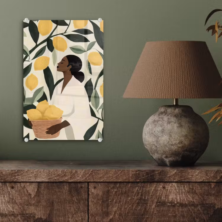 Glas schilderij - Vrouw - Mand - Citroenen - Bladeren — 4