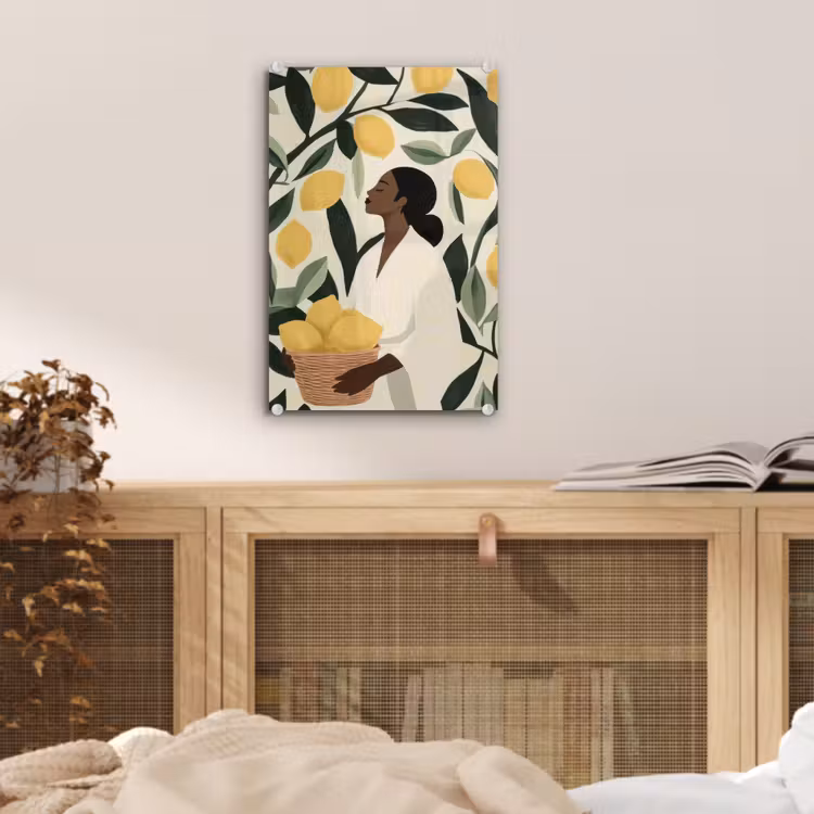 Glas schilderij - Vrouw - Mand - Citroenen - Bladeren — 5